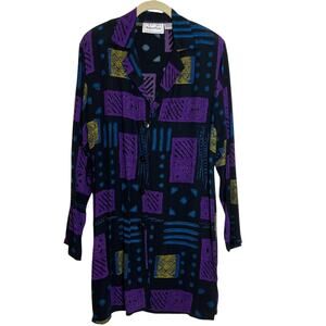 Nouveau Monde Womens Shirt Dress Small Black Purple Blue Mixed Print Rayon VTG
